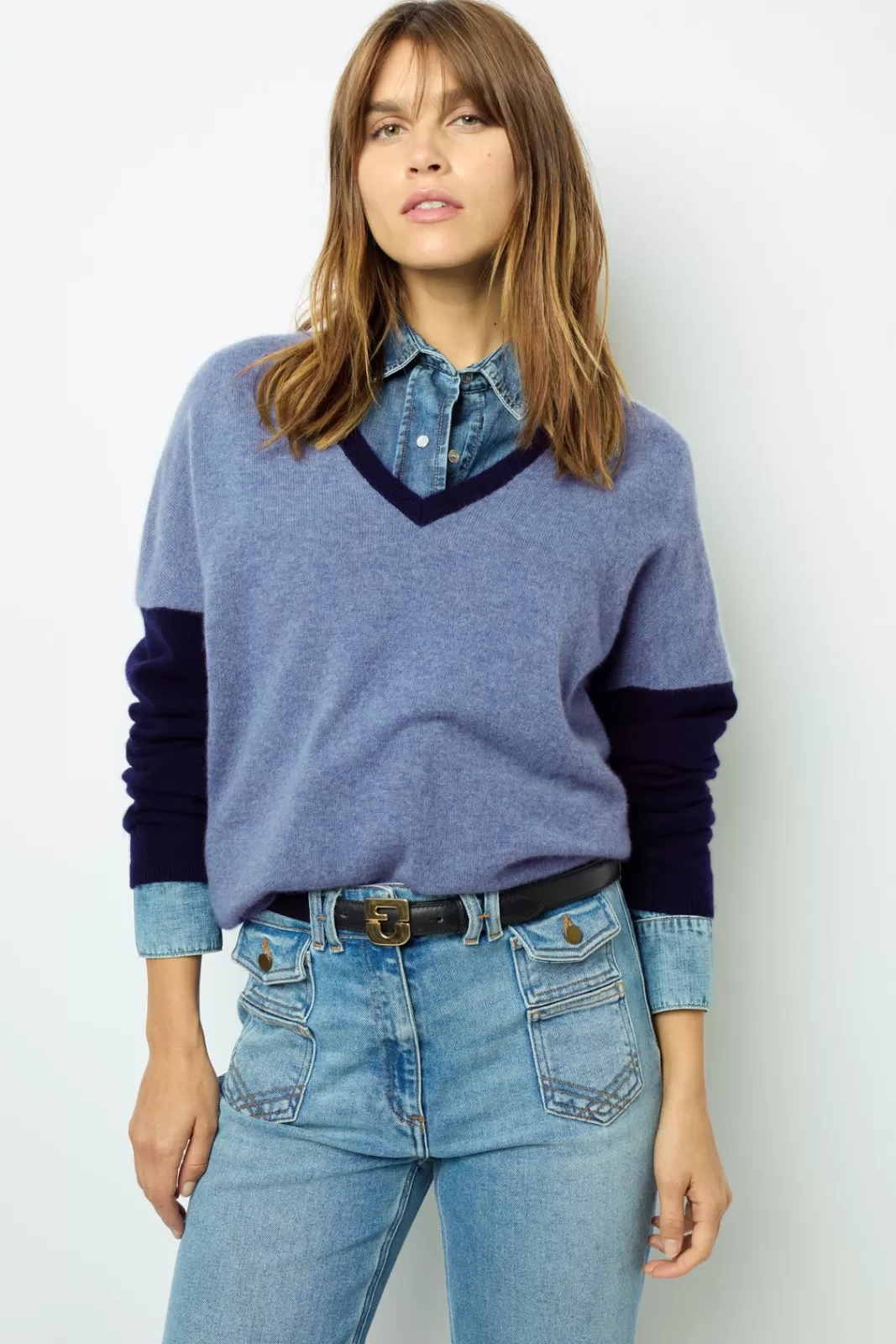 Gerard Darel Color block cashmere V-neck sweater - JALYA Encre Flash Sale