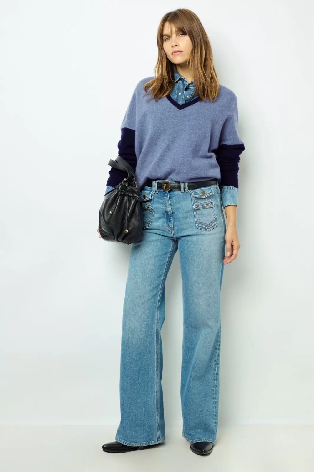 Gerard Darel Color block cashmere V-neck sweater - JALYA Encre Flash Sale